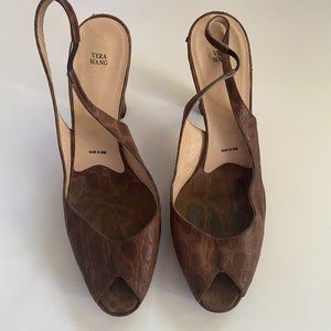 Vera Wang Brown Crocodile Embossed Peep‎ Toe Slingbacks
